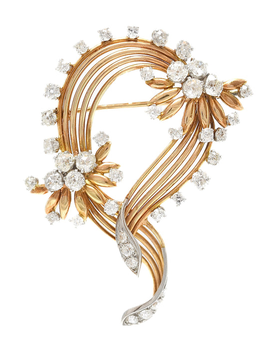 Antique French 18K Gold 6.44 CTW Old Mine Cut Diamond Spray Brooch
