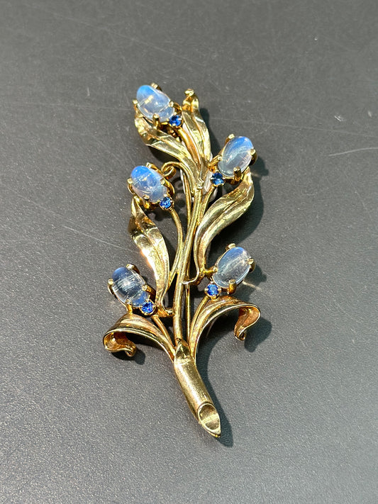 Retro 14K Gold Moonstone and Sapphire Flower Bouquet