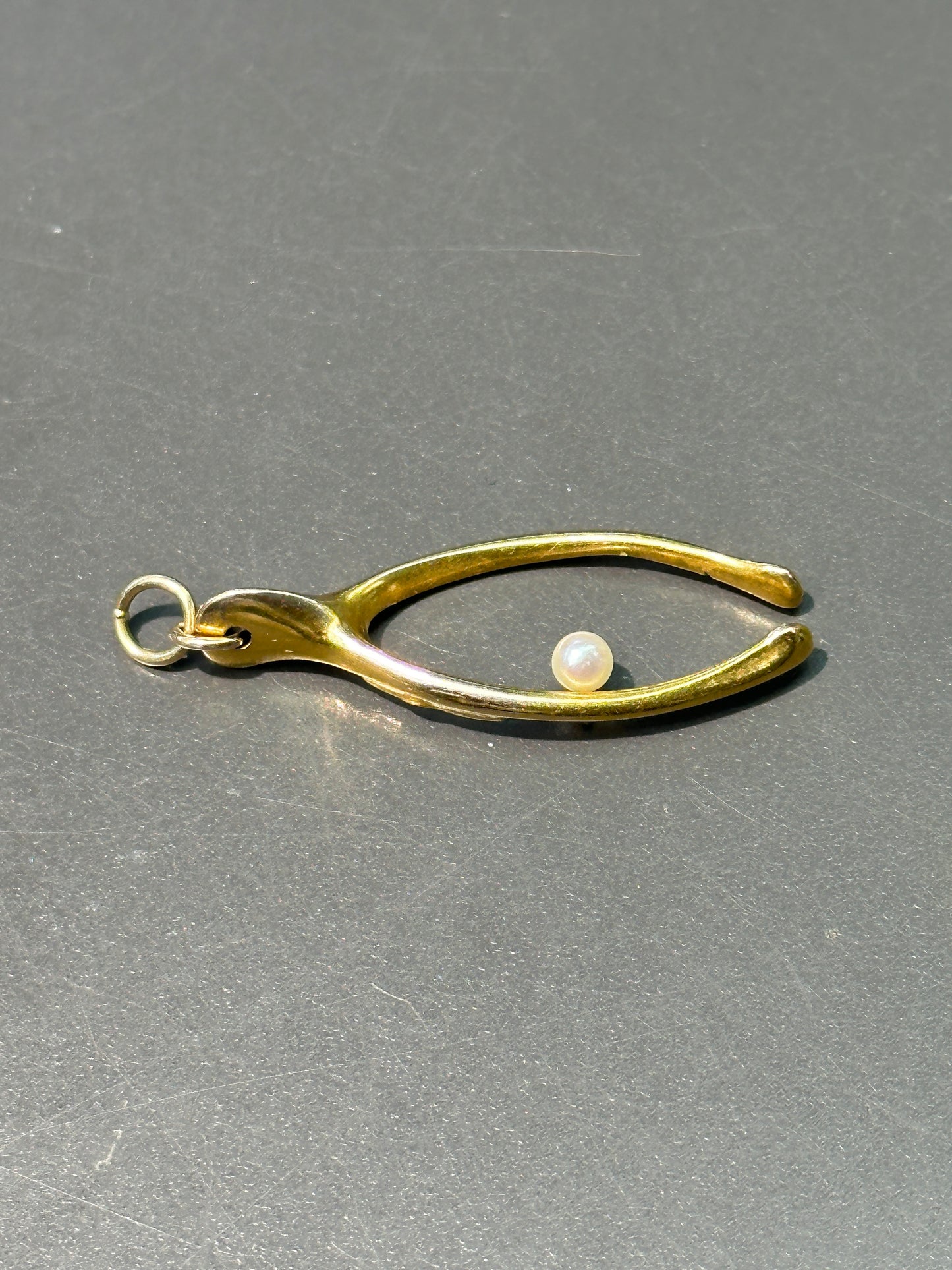 Art Nouveau 18K Gold Pearl Wish Bone Charm