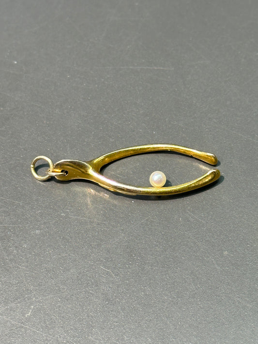 Art Nouveau 18K Gold Pearl Wish Bone Charm