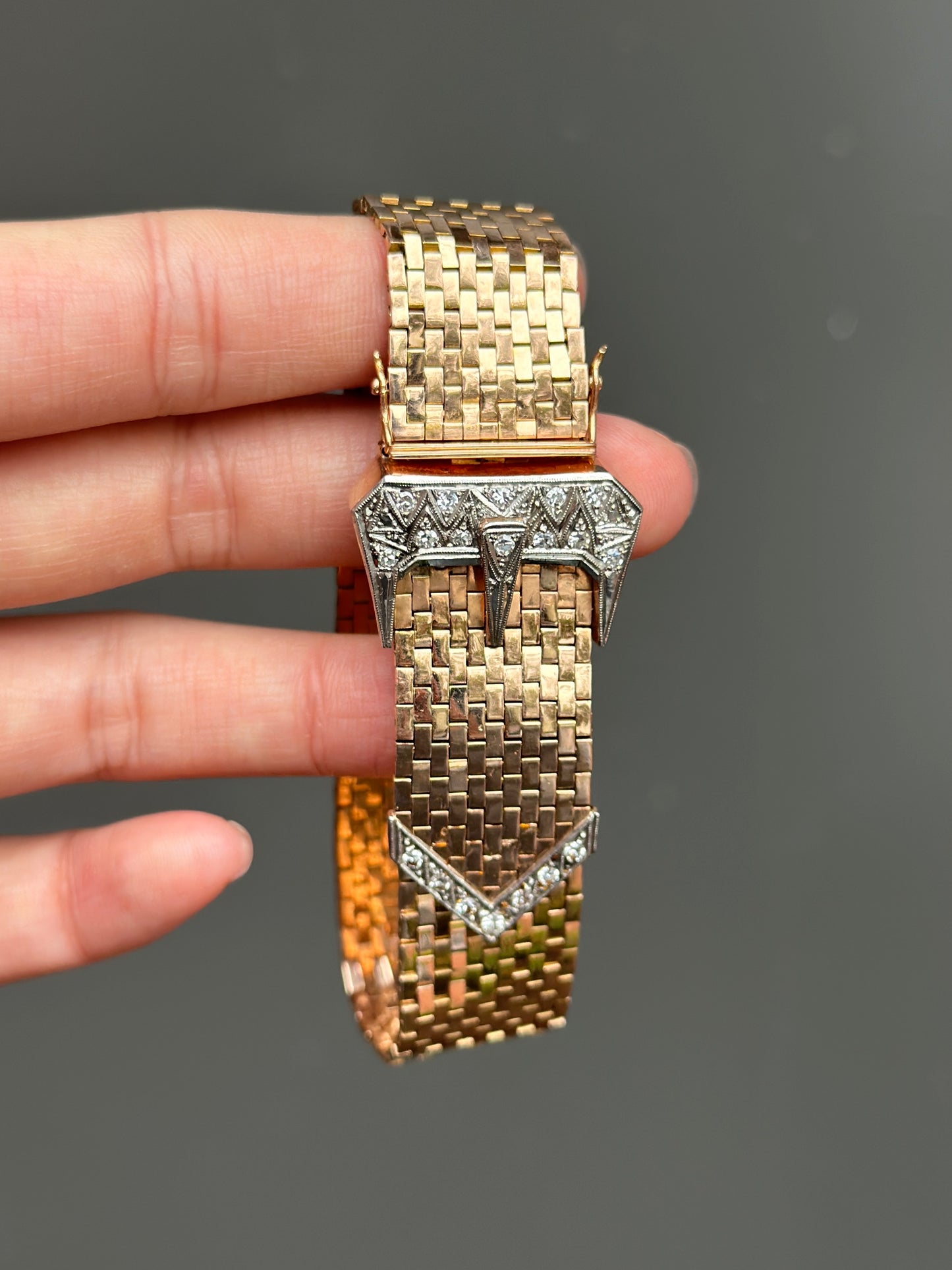 Retro 14K Gold Diamond Buckle Belt Bracelet