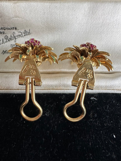 Vintage Kurt Guam 18K 金红宝石珐琅花朵耳环