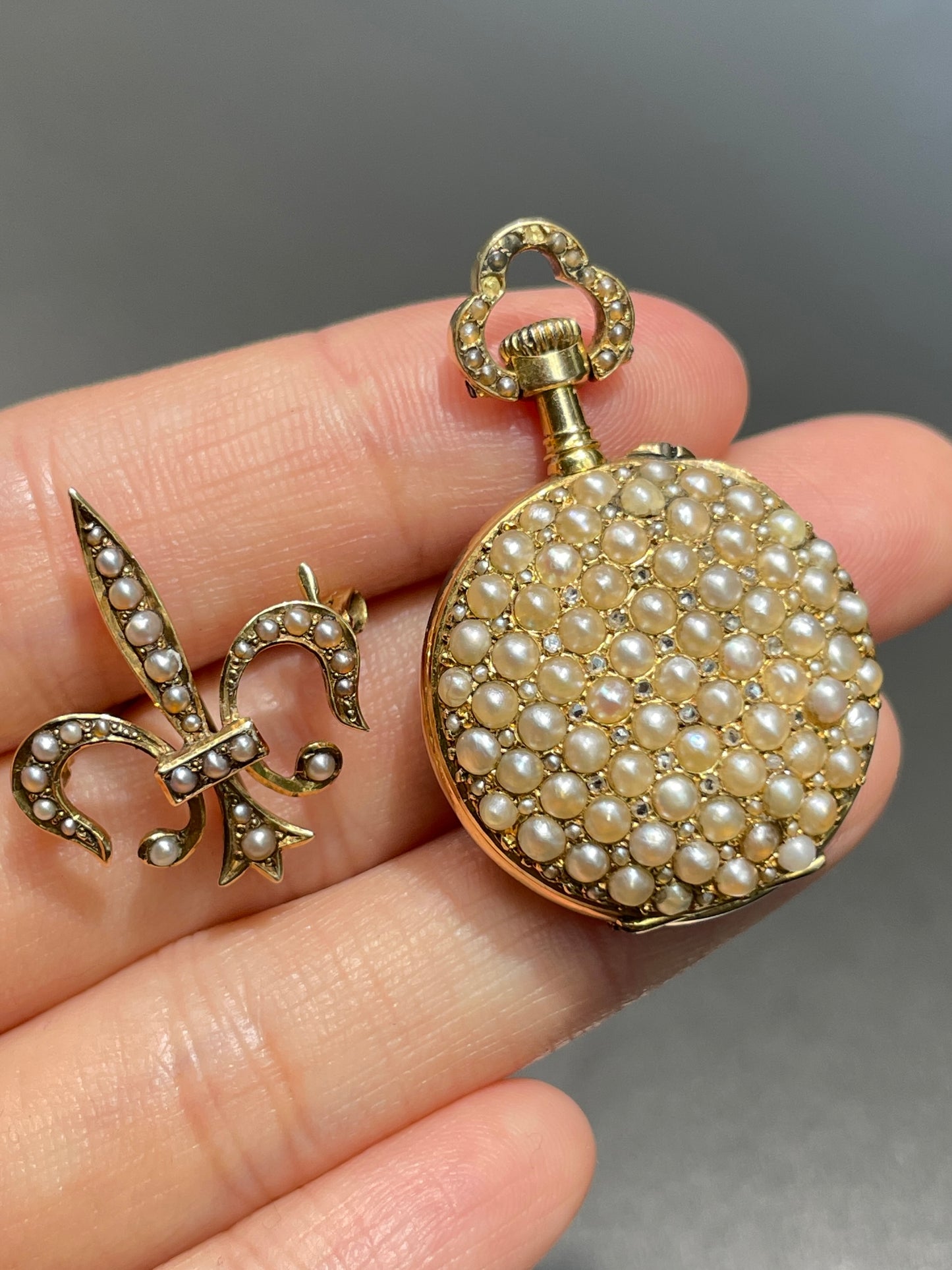 Antique 14K Gold Seed Pearl Diamond Fleur-de-Lis Pocket Watch Brooch