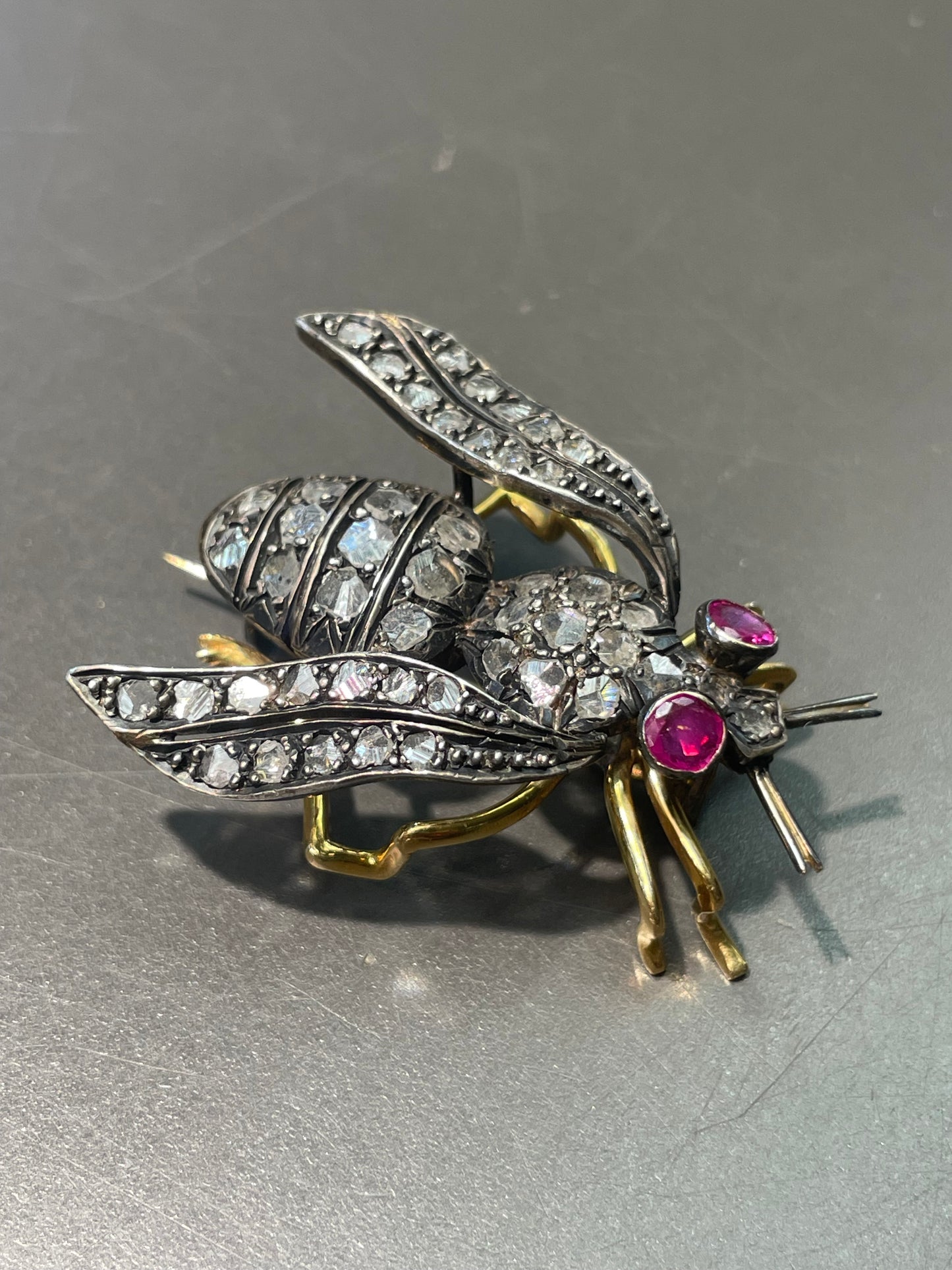 Vintage 14K Gold Topped Silver 2.75 CTW Diamond Ruby Bee Brooch