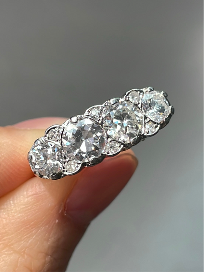 Antique 18K Yellow Gold Topped Platinum 2.62 CTW Four Stone Diamond Ring