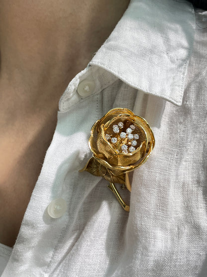 French 18K Gold 1.30 CTW Diamond En Tremblant Flower Brooch