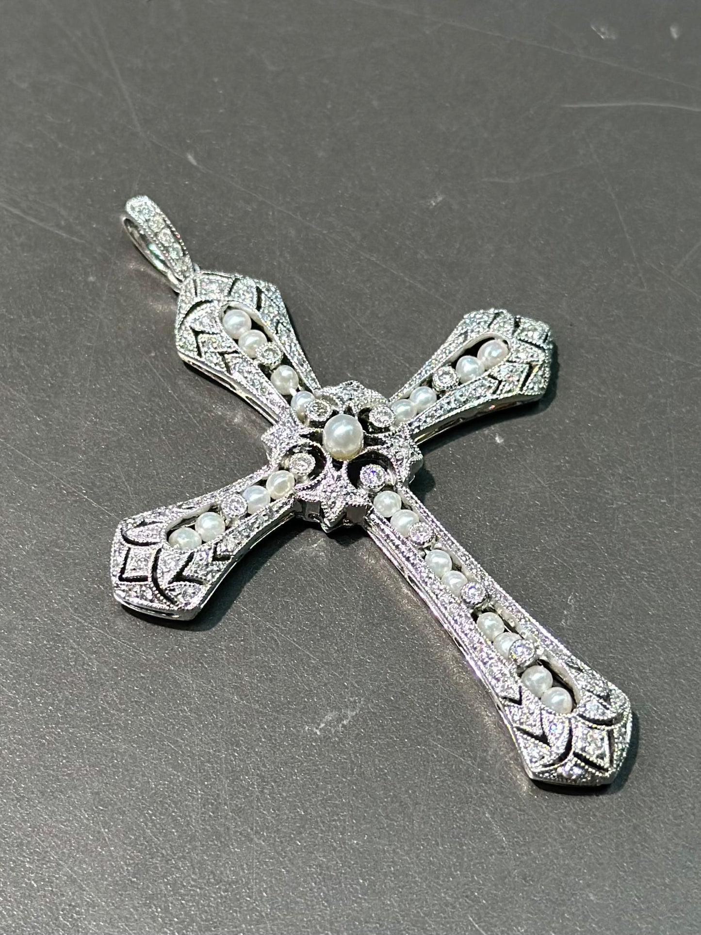 Art Deco Platinum Seed Pearl and Diamond Cross Pendant