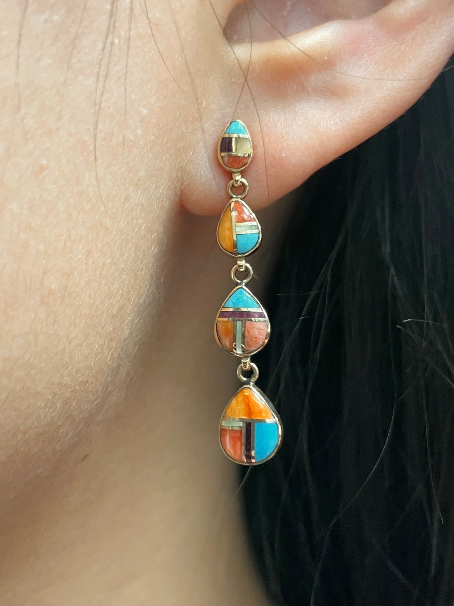 14K Yellow Gold Zuni Multi-Gemstone Inlay Earring