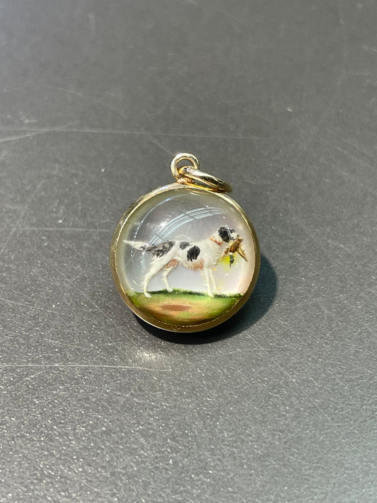 古董 14K 金反向彩绘埃塞克斯水晶“杰克罗素梗犬”吊坠饰品
