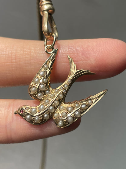 古董 14K 金珍珠燕子吊坠