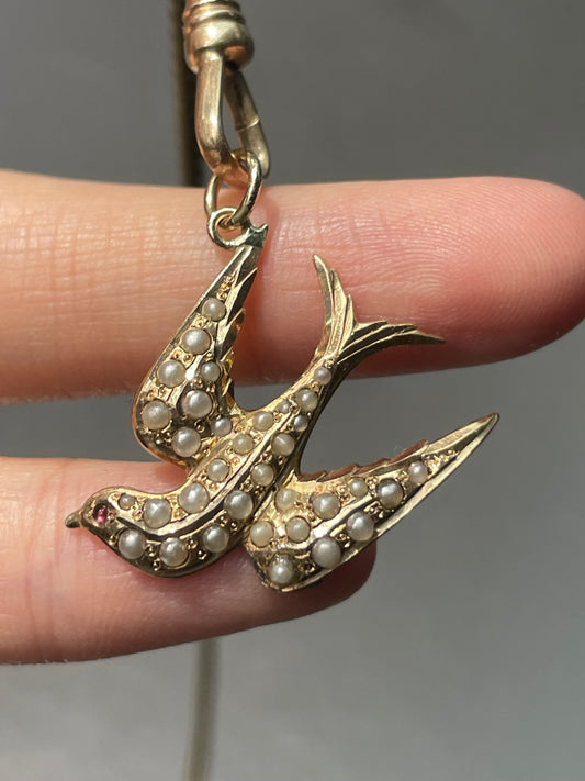 古董 14K 金珍珠燕子吊坠