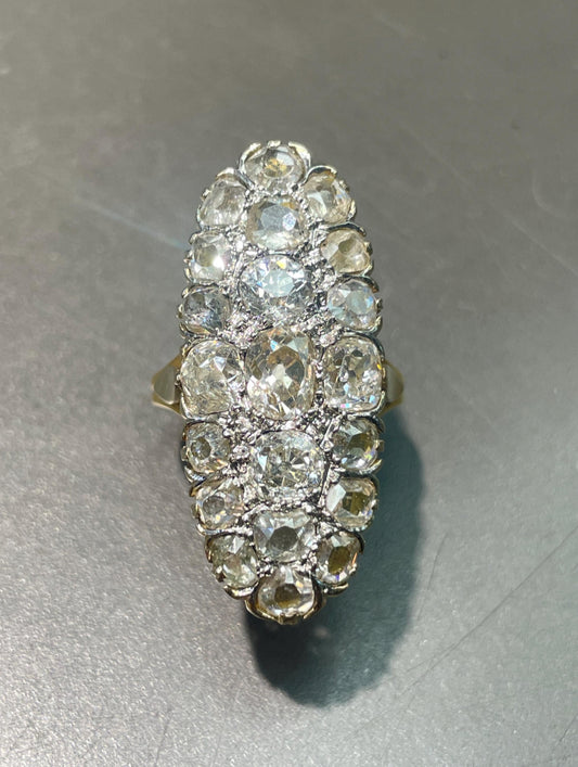 Antique French 18K Yellow Gold 6.5 CTW Old Mine Cut Diamond Oval Cluster Statement Ring
