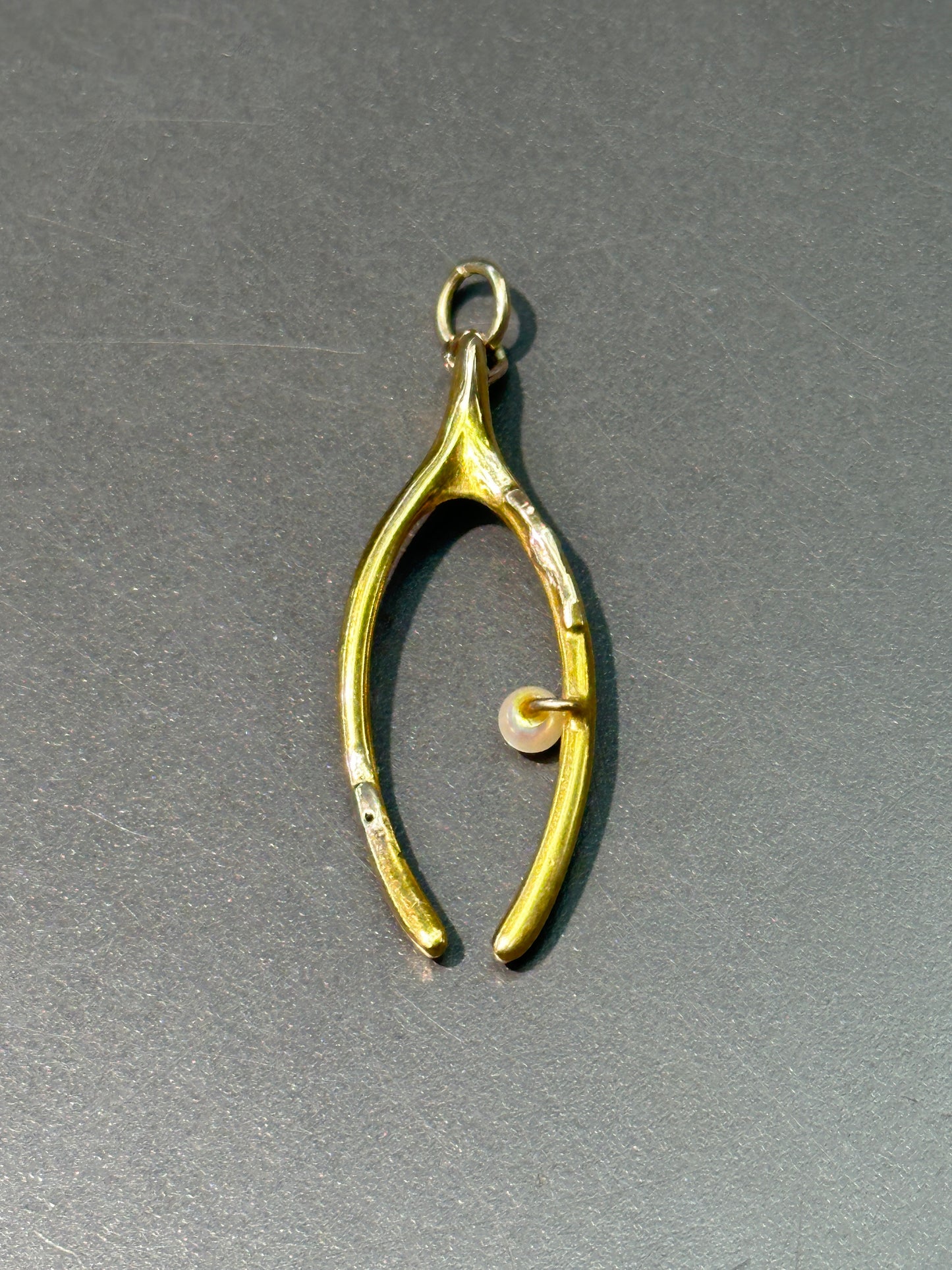 Art Nouveau 18K Gold Pearl Wish Bone Charm