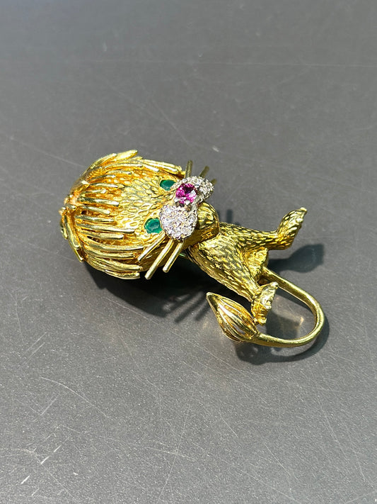 Vintage 18K Gold Large Emerald Diamond Ruby Lion Brooch