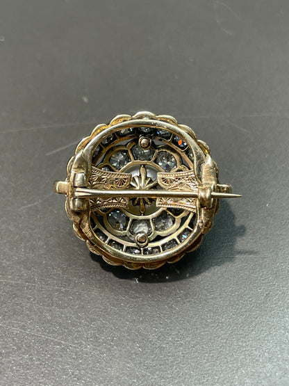 Edwardian Silver Topped 14K Gold Natural Saltwater Pearl Diamond Halo Brooch