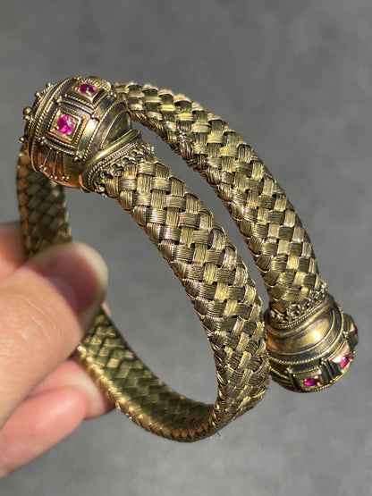 Victorian 14K Gold Ruby Orb Woven Bypass Bangle Bracelet