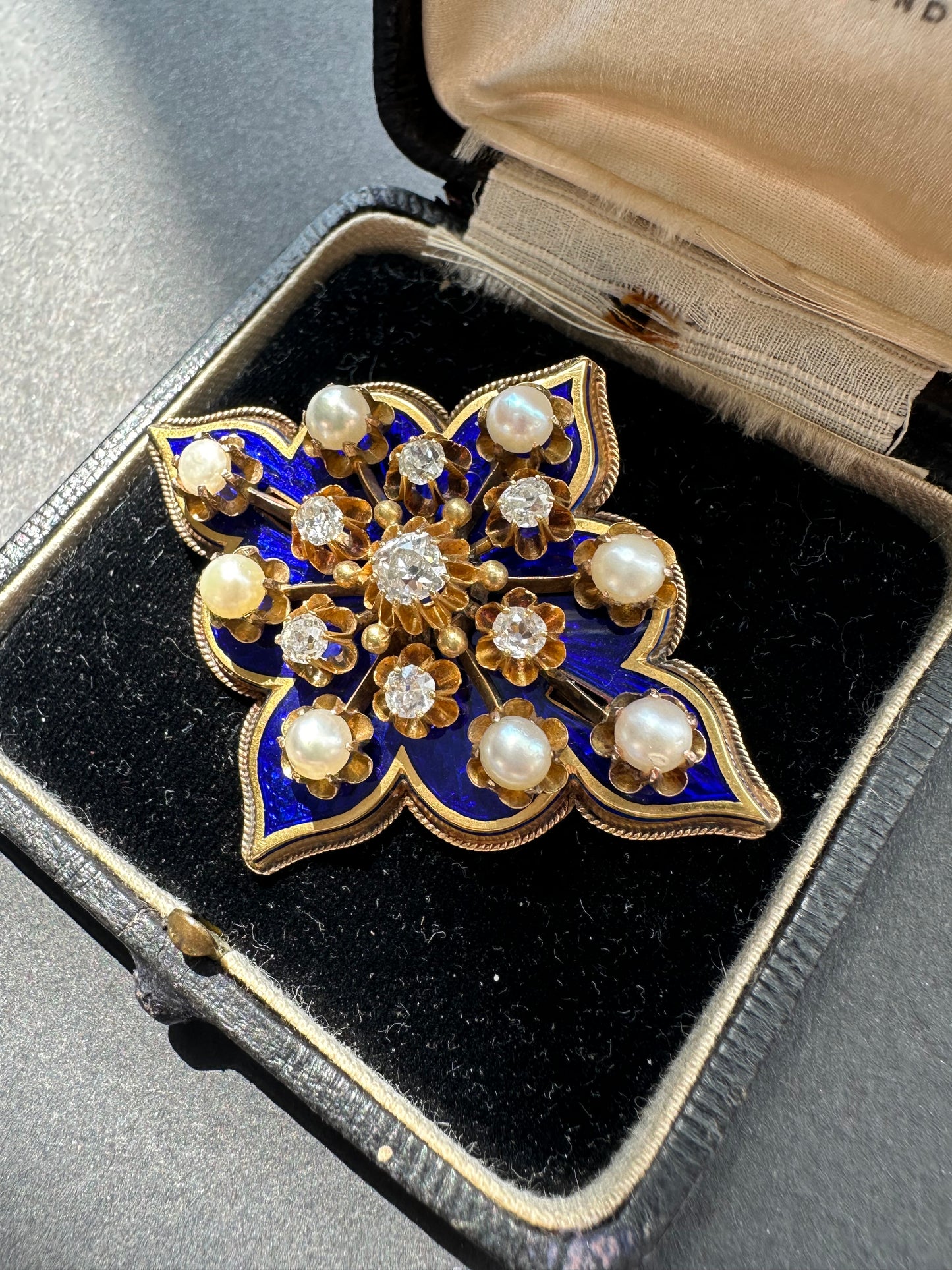 古董 14K 金珐琅天然珍珠钻石小盒胸针