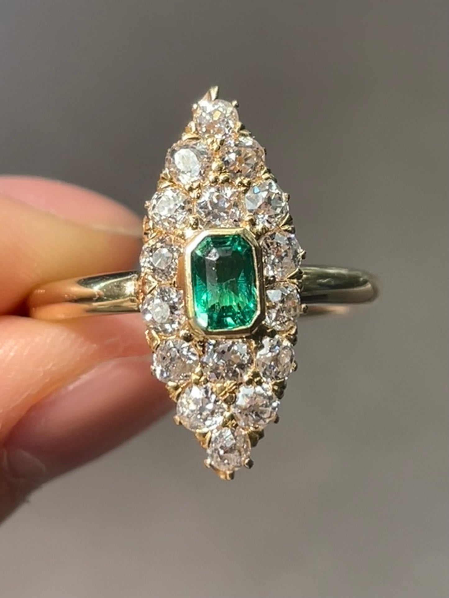 Bague navette antique en or 14 carats et diamant émeraude SZ 6.75