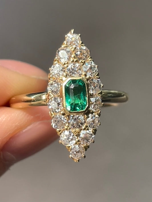 Antique 14K Yellow Gold Colombian 0.71 CTW Emerald Diamond Navette Ring