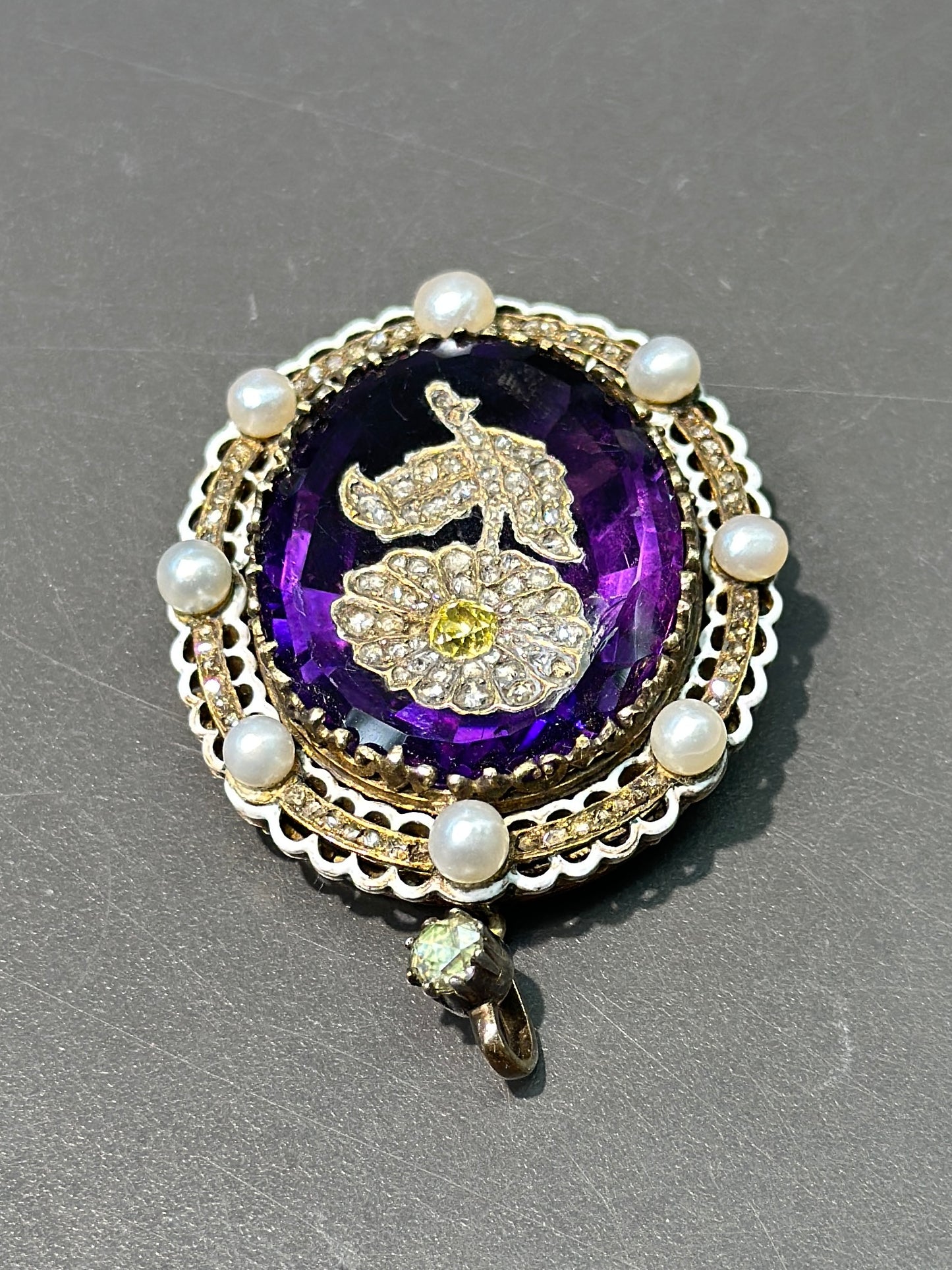 Pendentif gravé victorien 14K améthyste et fleur coupée rose