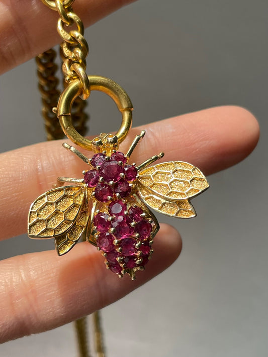 Vintage 14K Yellow Gold Ruby Bee Pendant Brooch