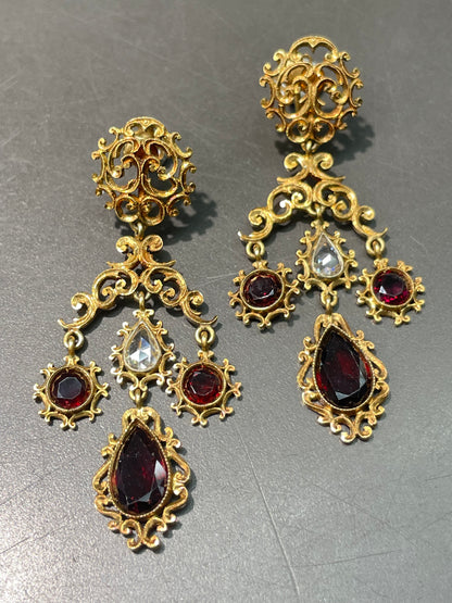 Georgian 18K Gold Rose Cut Diamond Garnet Drop Chandelier Earring