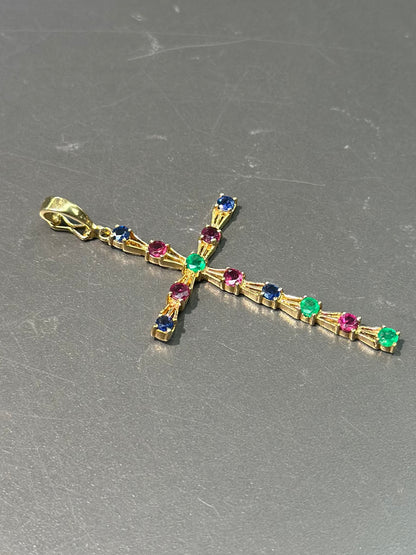 14K 金蓝宝石红宝石绿宝石十字架吊坠