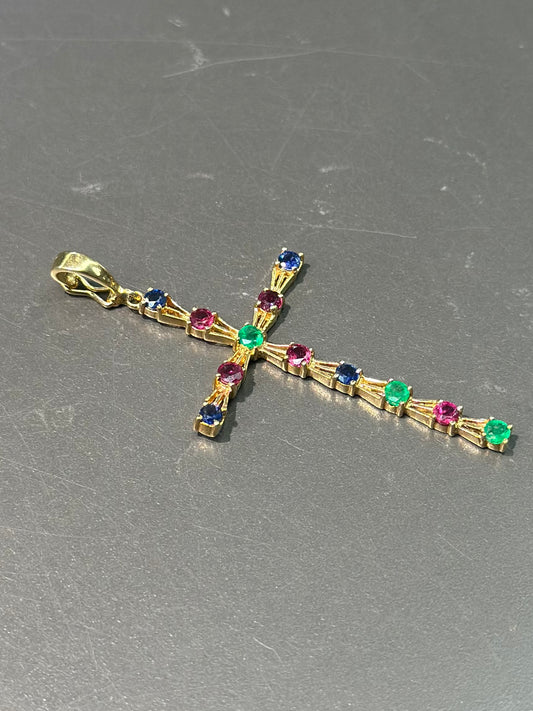 14K Gold Sapphire Ruby Emerald Cross Pendant