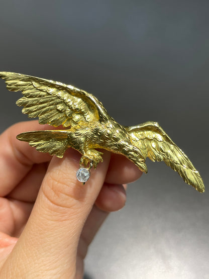 Antique French 18K Gold Diamond Flying Eagle Brooch