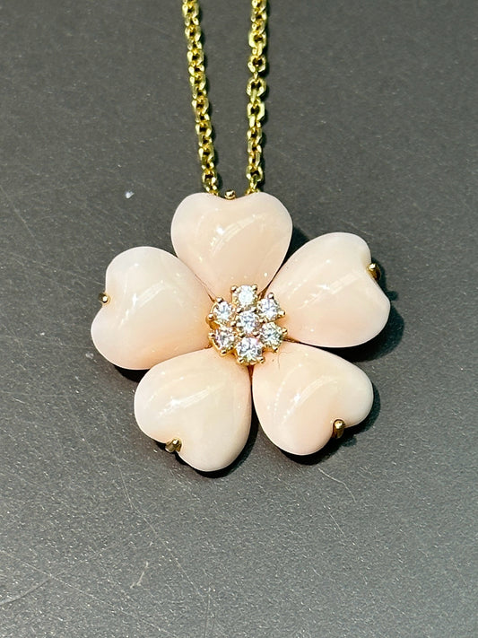 14K Gold Large Angel Skin Coral Heart Flower Pendant