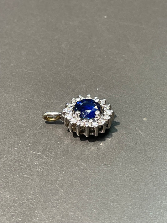 14K 白金蓝宝石钻石光环吊坠