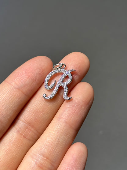 14K 白金钻石 R 字母吊饰