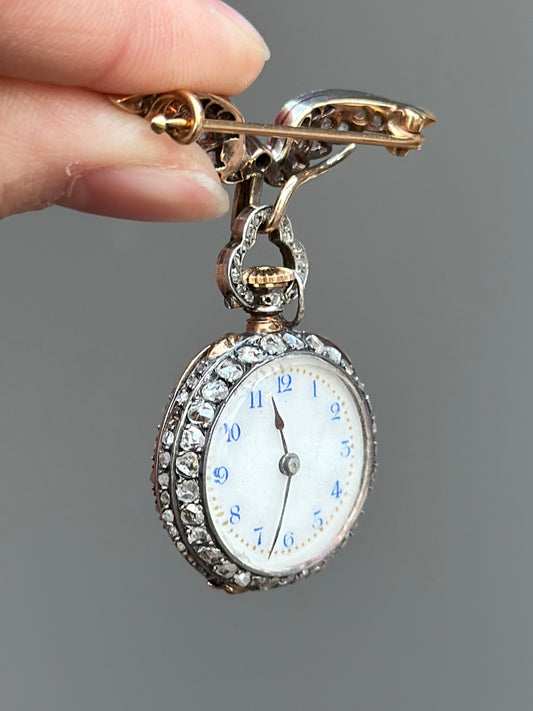 Georgian French 18K Gold Topped Platinum Diamond Winged Pocket Watch