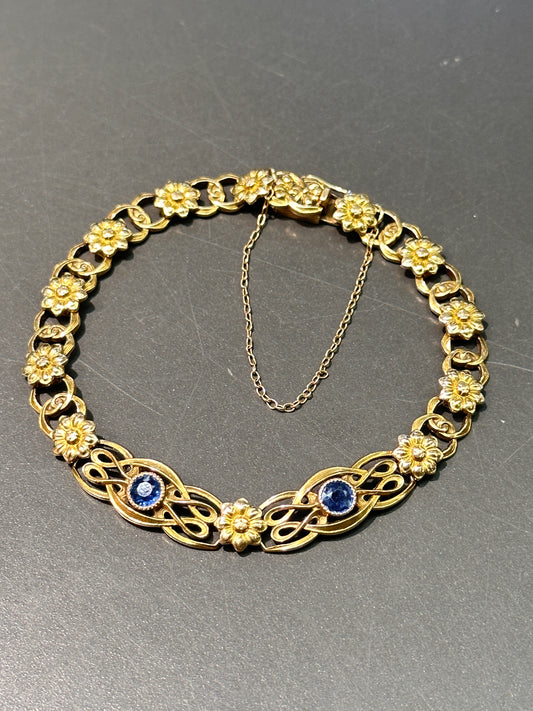 Art Nouveau 14K Gold Sapphire Flower Bracelet