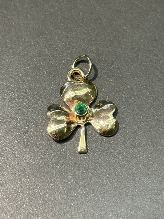 复古 14K 黄金天然绿宝石三叶草吊坠