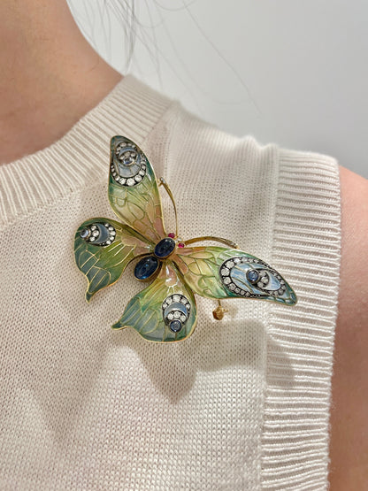Art Nouveau 14K Yellow Gold Plique-a-Jour Sapphire Diamond Butterfly Brooch