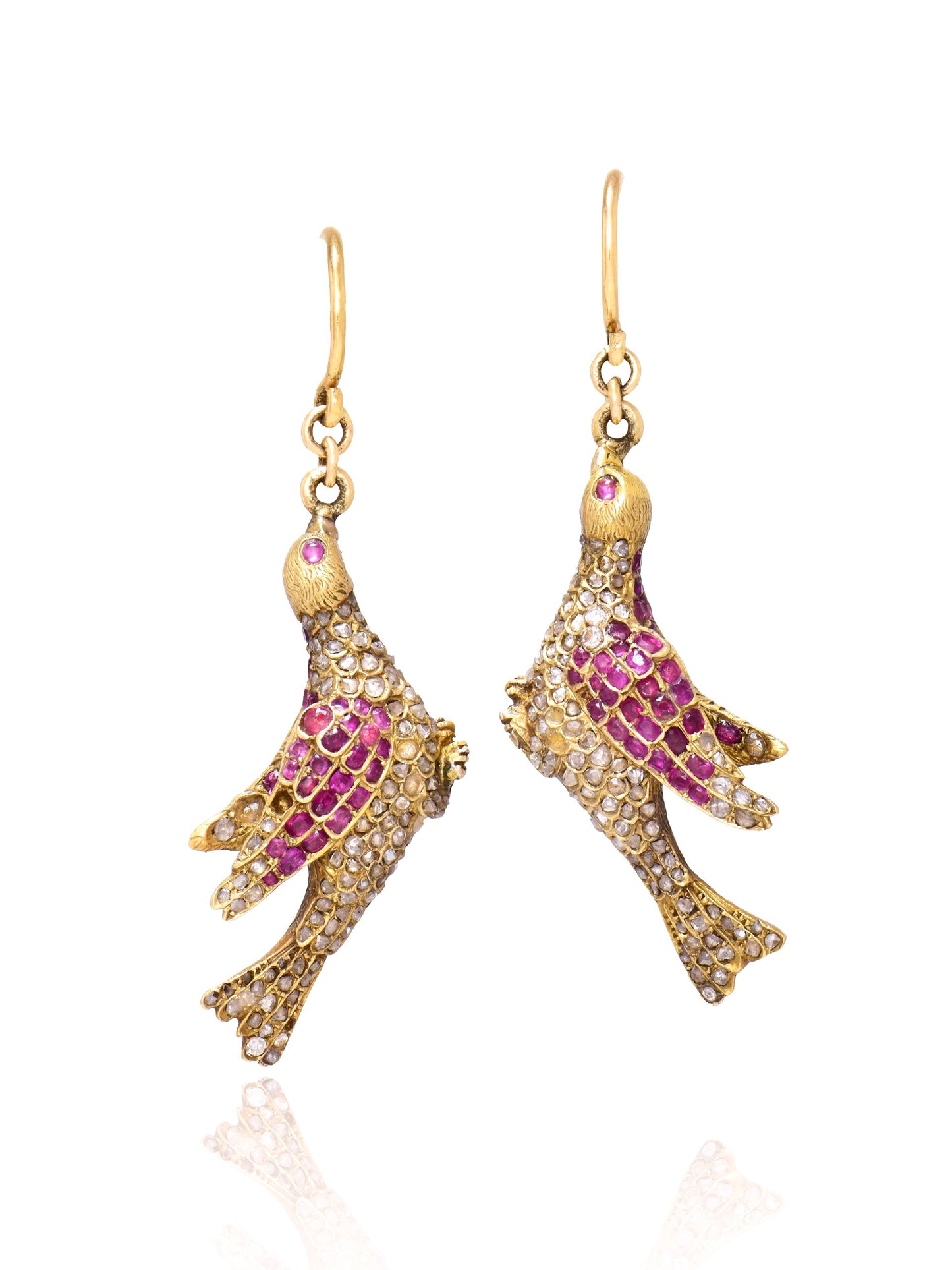 Antique 14K Gold Ruby Diamond Bird Drop Earring