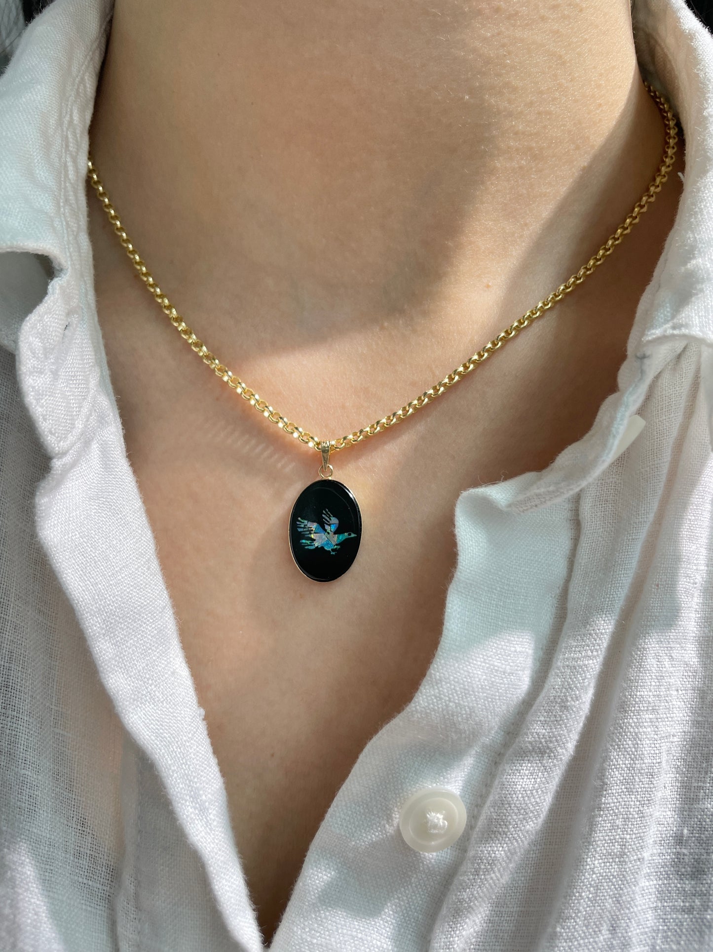 Vintage 14K Gold Onyx Opal Bird Inlay Pendant