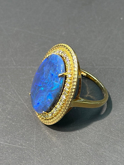 18K 金天然黑蛋白石钻石戒指