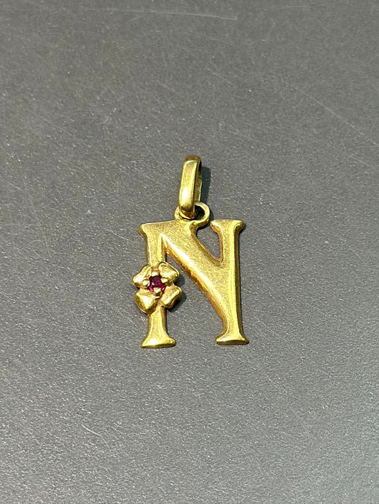 Vintage 18K Gold Garnet Flower N Letter Charm