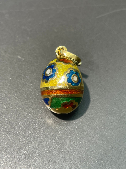 Vintage 18K Yellow Gold Floral Enamel Egg Charm Pendant