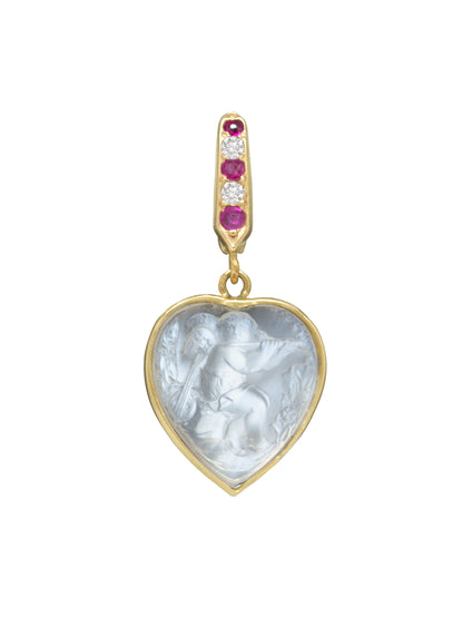 Antique 14K Gold Cherub Moonstone Ruby Diamond Heart Pendant