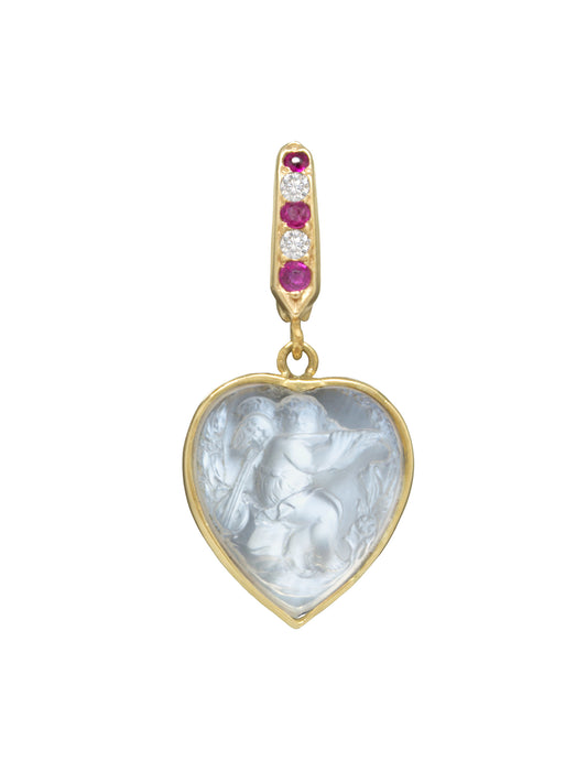 Antique 14K Gold Cherub Moonstone Ruby Diamond Heart Pendant