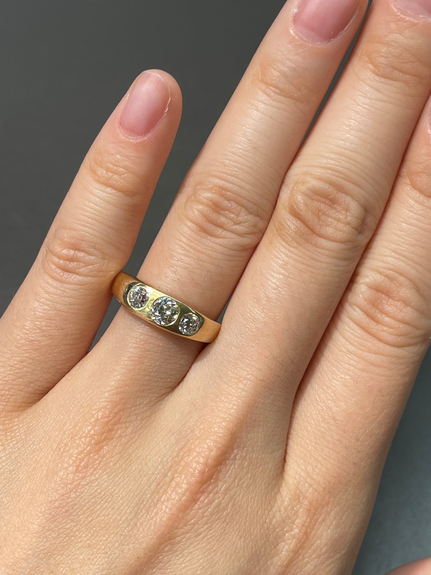 Antique 14K Gold Three Stone Old Mine Cut Diamond Gypsy Ring