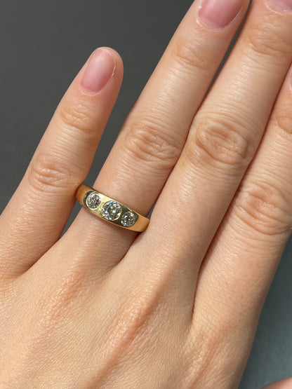 Antique 14K Gold Three Stone Old Mine Cut Diamond Gypsy Ring