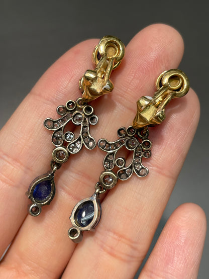 Antique 18K Yellow Gold Silver Sapphire Diamond Drop Earrings