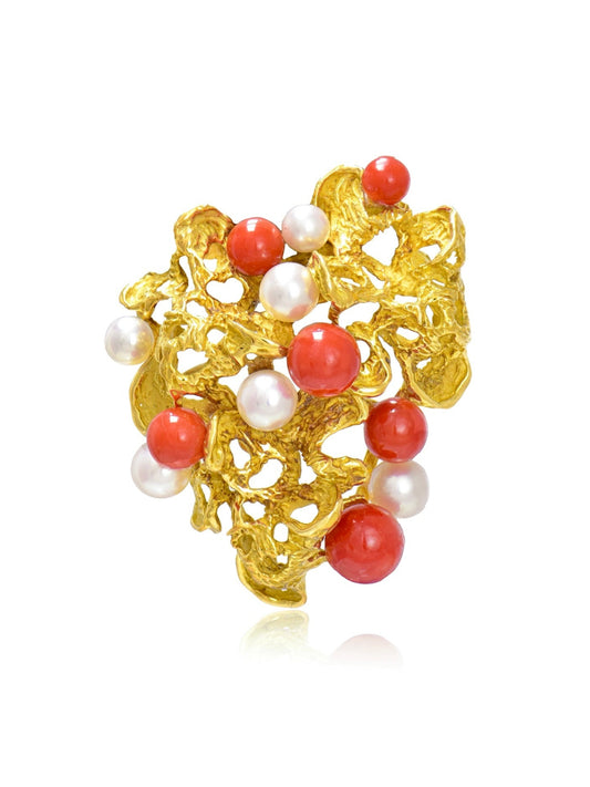 Vintage Grosse 18K Gold Coral Pearl Sculptural Brooch