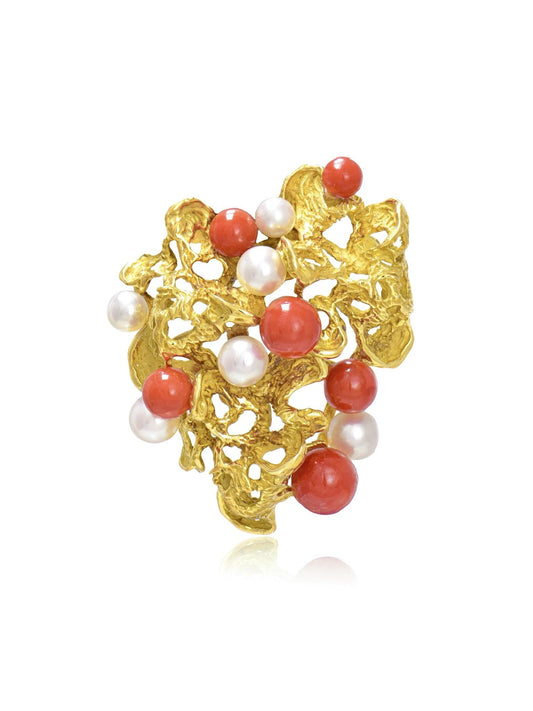 Vintage Grosse 18K Gold Coral Pearl Sculptural Brooch