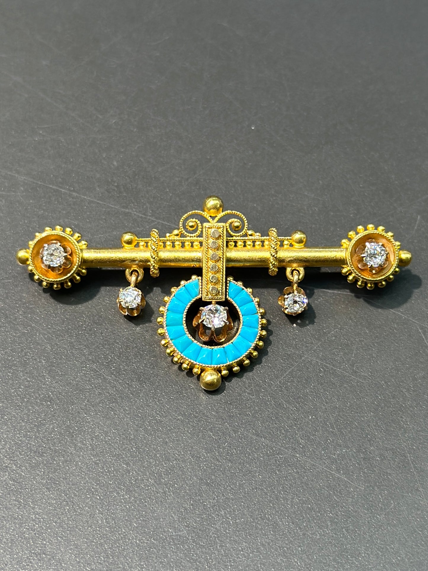 维多利亚伊特鲁里亚复兴 14K 金绿松石钻石胸针
