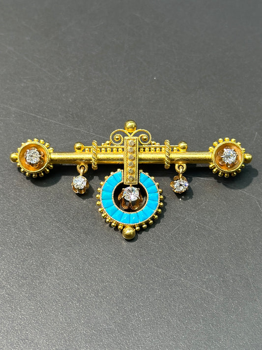 Victorian Etruscan Revival 14K Gold Turquoise Diamond Brooch